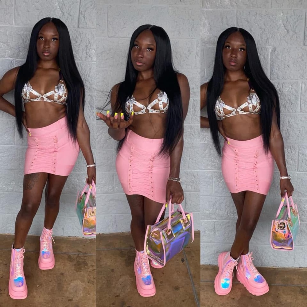 Pink Skirt and Holographic Emo Boots Set